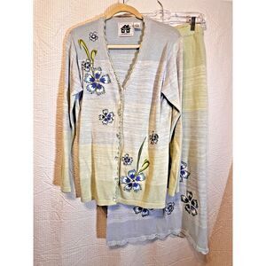 Storybook Knits 2Pc Floral Cardigan Sweater Skirt Set Blue Small Cottagecore Y2K